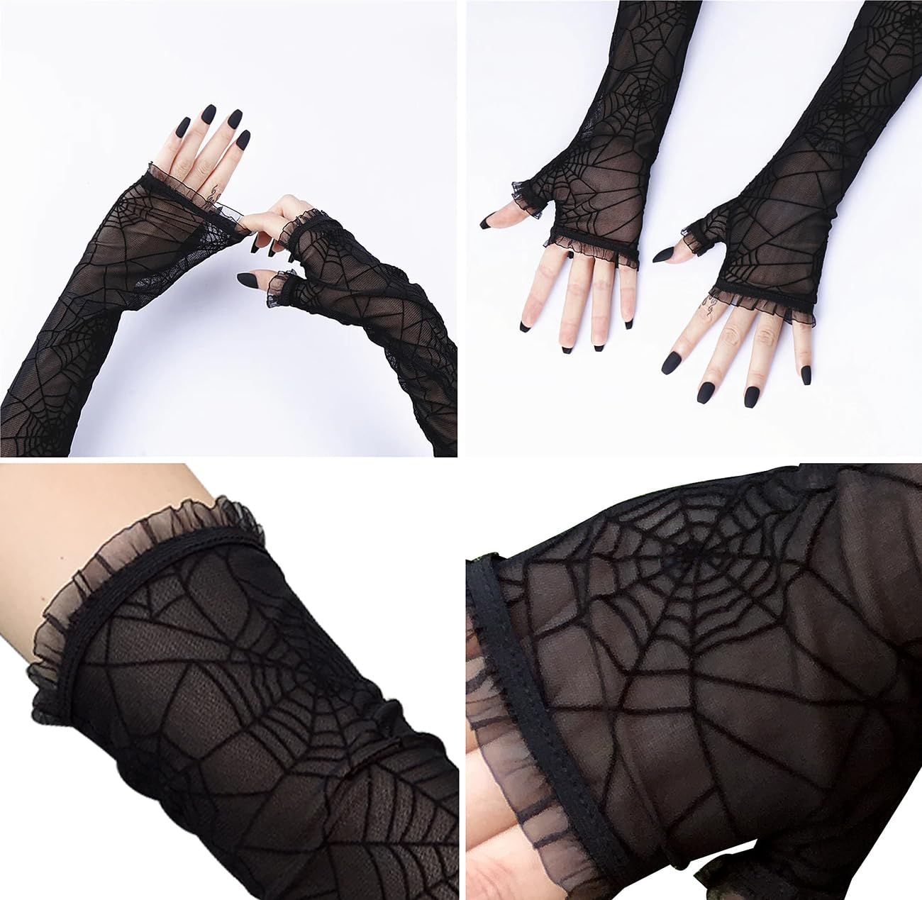 Malaxlx 2 Pairs Womens Halloween Spider Web Lace Gloves Elbow Length Fingerless Glove Goth Steampunk Cosplay Cutout Gloves for Halloween Costume Party