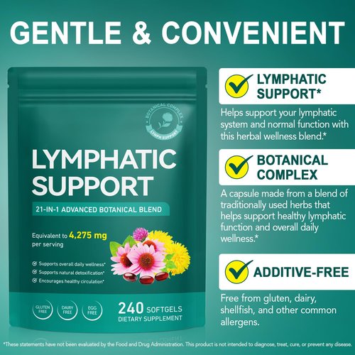 Lymphatic Drainage Supplements-Echinacea, Dandelion, Burdock Root|21-In-1 Botanical Complex for Lymph System, Balance, Cleanse, Overall Vitality, Less Bloating|Safe & Clean Formula|240 Softgels