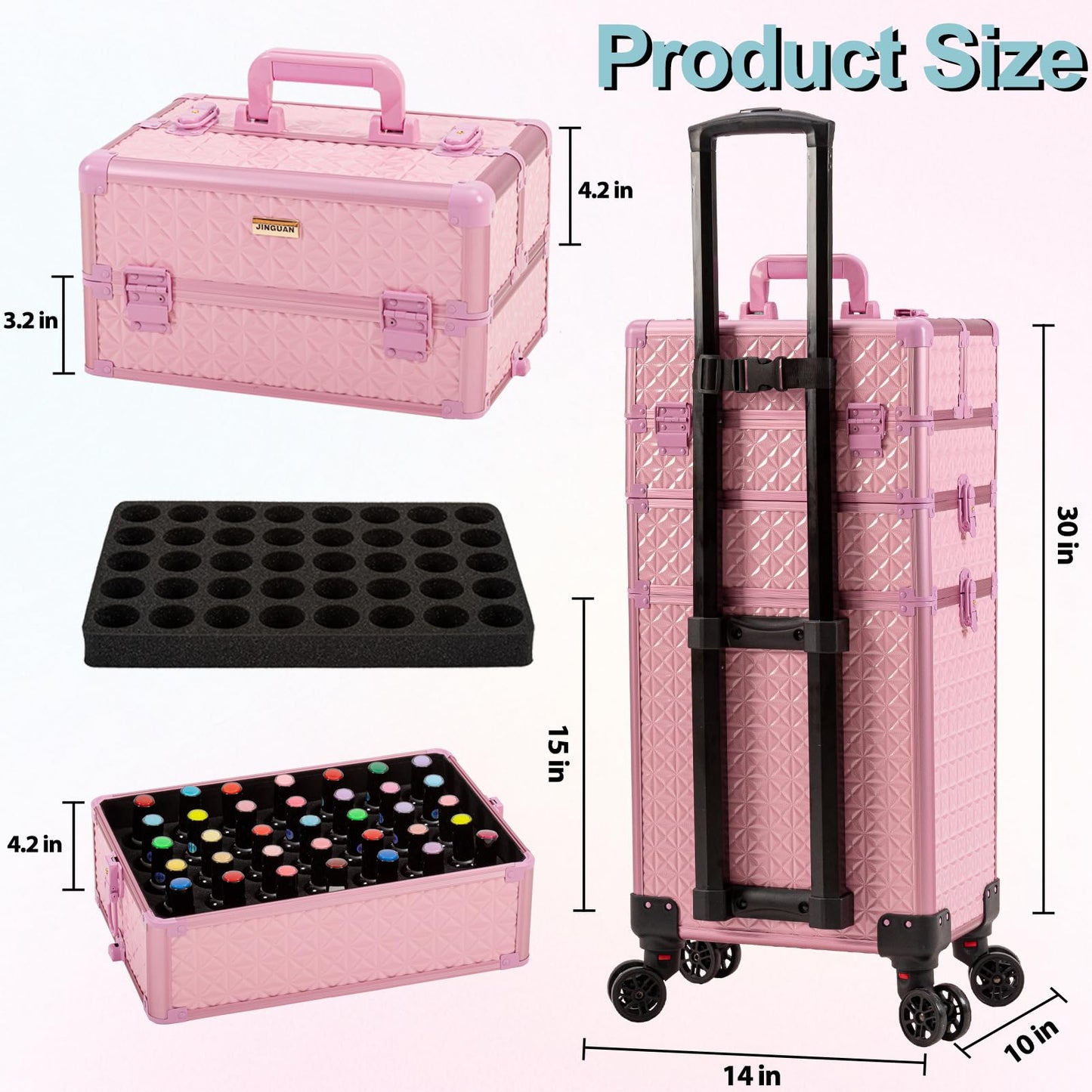 JINGUAN 3 in 1 Rolling Makeup Train Case, Multi-functional Cosmetic Trolley with 360° Swivel Wheels Keys, Large Storage Traveling Cart Trunk for Nail Technicians Hairstylist, Pink