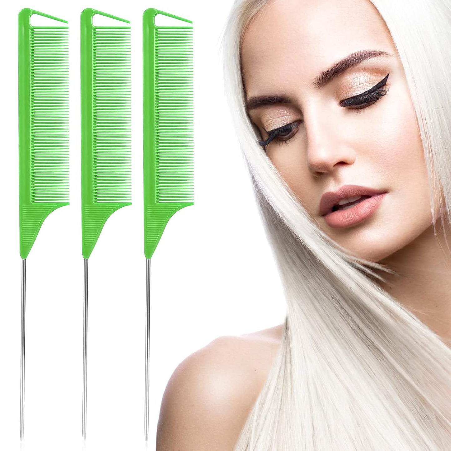 Rat Tail Combs Set: 3-Pack Teasing Styling Combs with Long Steel Pins for Women, Parting Combs for All Hair Types (Black)