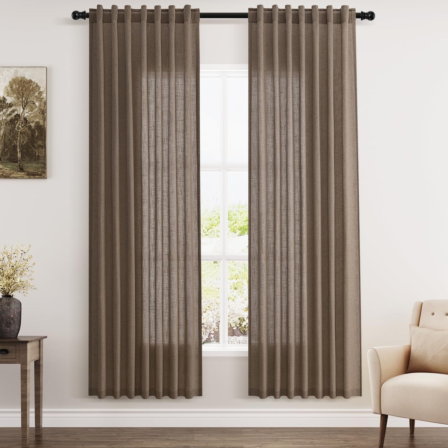 Nanspring Natural Linen Curtains for Kitchen Windows Over Sink - Cafe Curtain Semi Sheer with Rod Pocket and Back Tab Lightweight Rustic Textured Bistro Curtains for Bathroom, 2 Panels 25 x 24 Inch