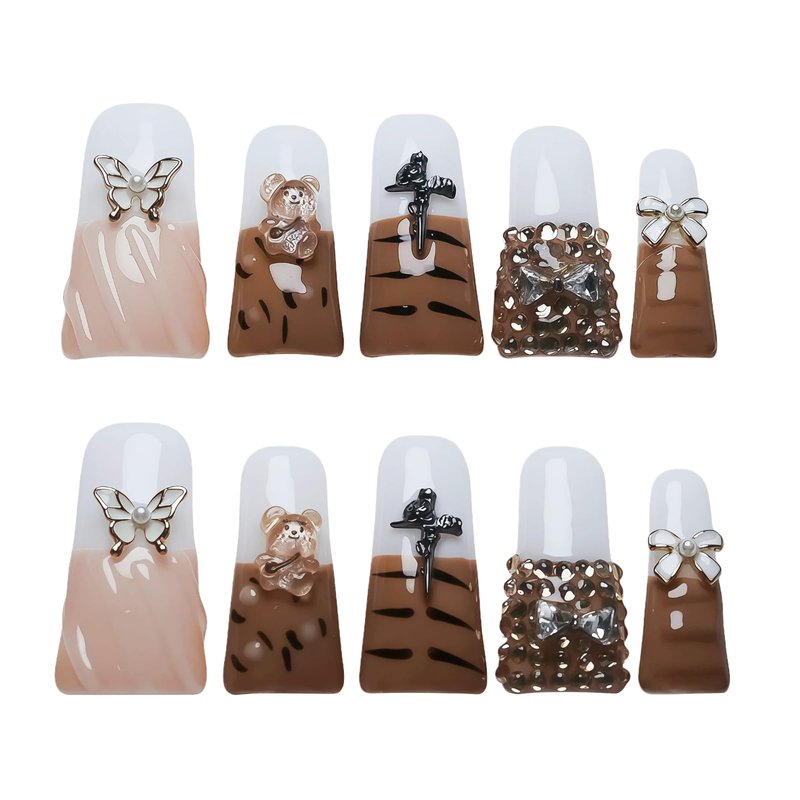 Tesytto Long Duck Press On Nails, 3D Butterfly Cross Bear Tiger Stripe Rhinestone Bow Nude French Tip Acrylic Nails (Diamond Tiger Pattern, S)