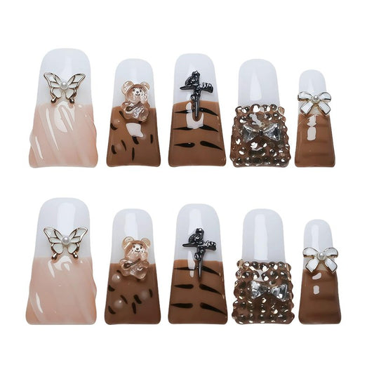 Tesytto Long Duck Press On Nails, 3D Butterfly Cross Bear Tiger Stripe Rhinestone Bow Nude French Tip Acrylic Nails (Diamond Tiger Pattern, S)