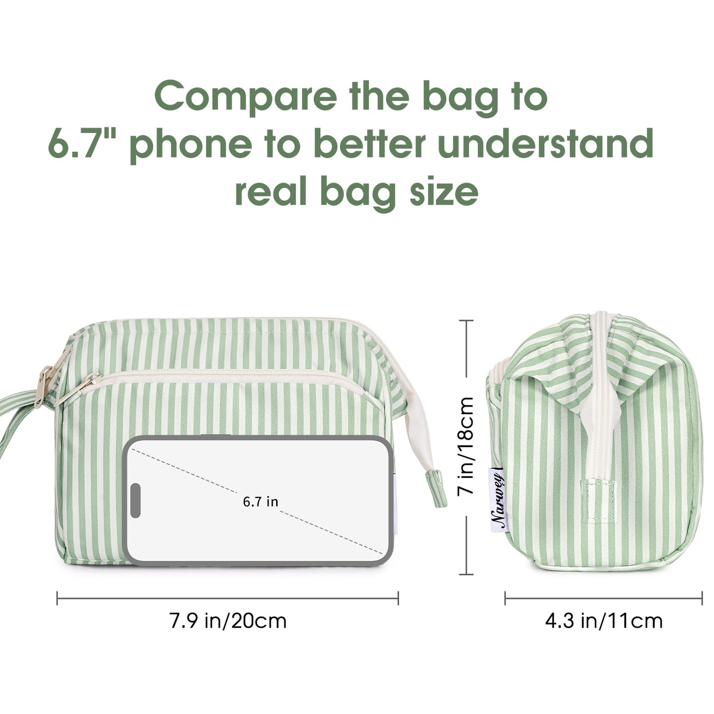 Narwey Striped Makeup Bag Women Wide-open Make up Bag Travel Cosmetic Bag Organizer Toiletry Bag for Cosmetics Toiletries Accessories (Mint Green Stripe)