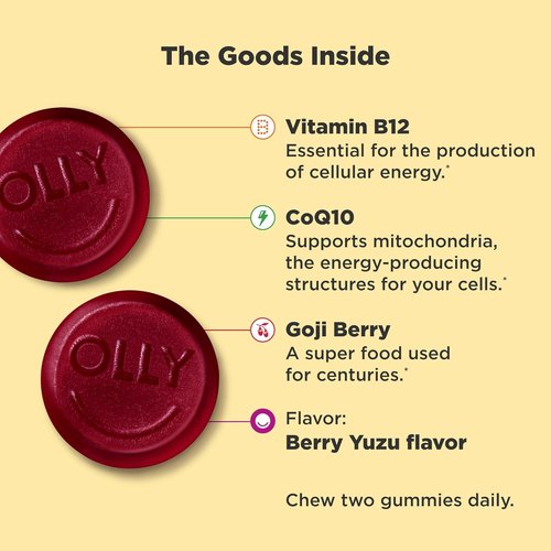 OLLY Extra Strength Daily Energy Gummies - Caffeine-Free, Boost Cellular Energy, Berry Yuzu Flavor, 60 Count