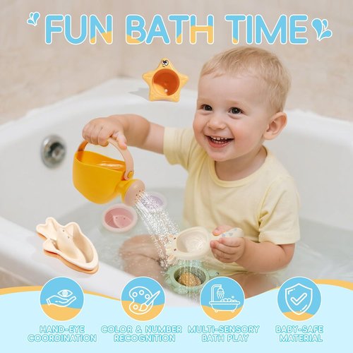 Baby Bath Toys for Kids Ages 1-3, 16PCS Mold Free Bath Toys for Toddler 2-4 & Babies 6-12-18 Months Bath Cups Watering Can with Storage Bag Montessori Bathtub Sand Pool Water Toys for 1+ Years Old