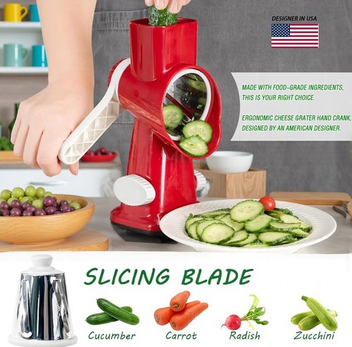 Cheese Grater with Handle by [Brand Name] - Multifunctional Rotary Shredder for Easy Vegetable & Fruit Prep | Red