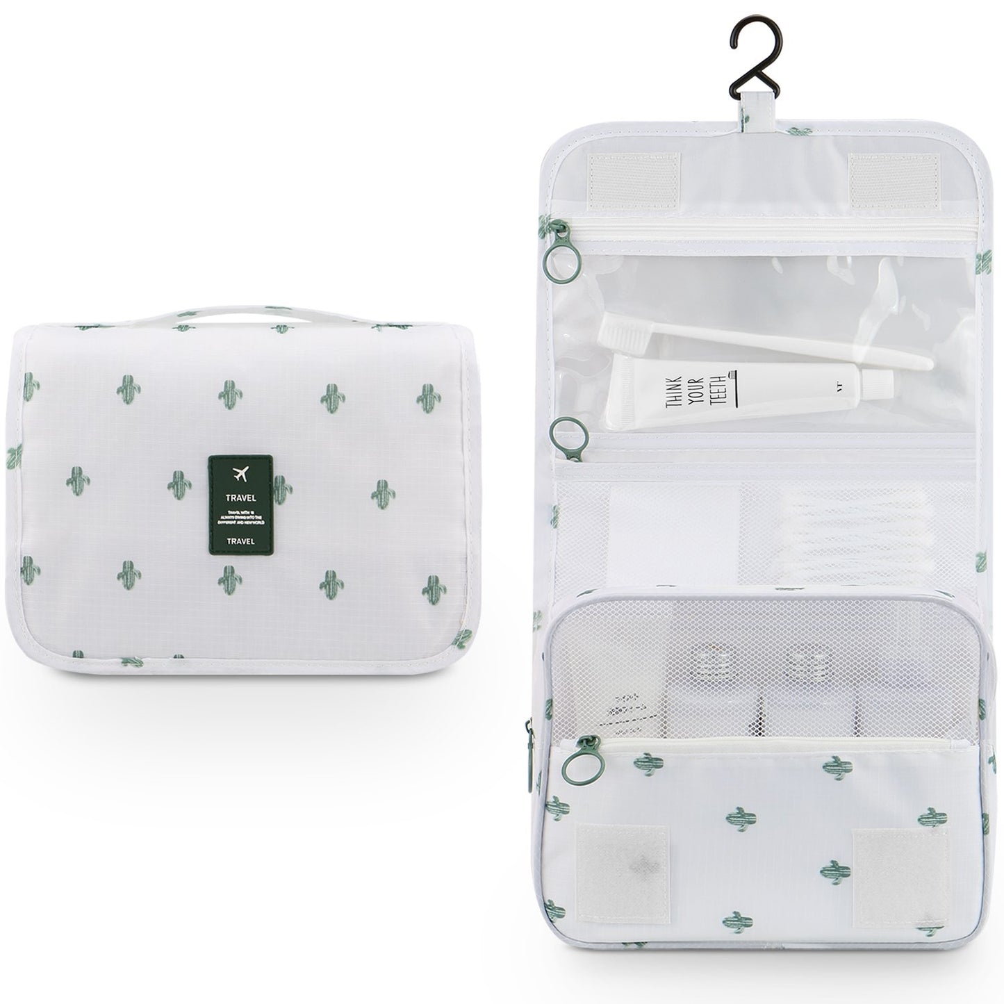 Mossio Hanging Toiletry Bag - Large Cosmetic Makeup Travel Organizer for Men & Women with Sturdy Hook (White Cactus)