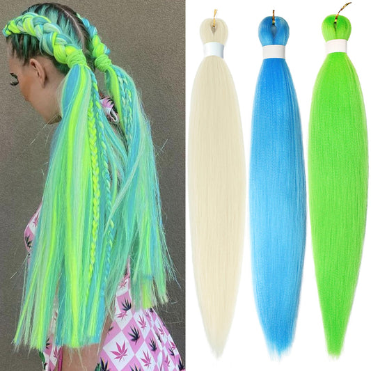 Blonde Lightblue Lightgreen Pre stretched Braiding Hair, 26 Inches Box Braids Hair Extensions, 3 Packs Yaki Texture Braiding Hair Pre stretched