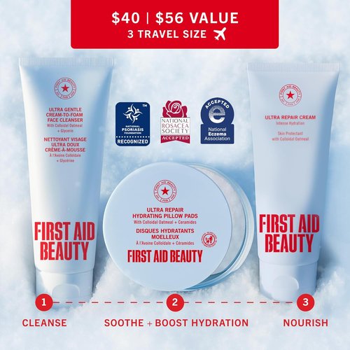 First Aid Beauty Dry Skin Rescue Kit - Hydrating Skincare Set with Cleanser, Facial Pads & Moisturizer