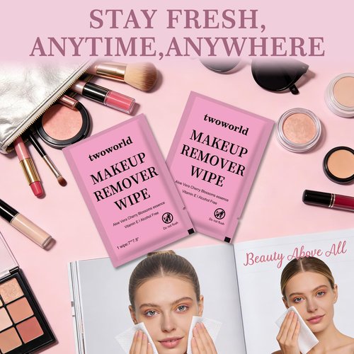Twoworld Makeup Remover Wipes Bulk Individually Wrapped,Travel Makeup Wipes Gentle for Face Cleansing Mascara Lipstick Travel Hotel(Aloe Vera & Cherry Blossoms,Pack of 100)