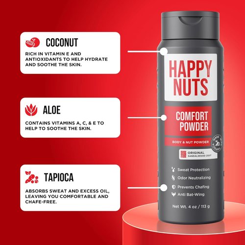 HAPPY NUTS Comfort Powder Deodorant for Men - Anti-Chafing, Sweat & Odor Control | Aluminum-Free, 4 oz Original Scent