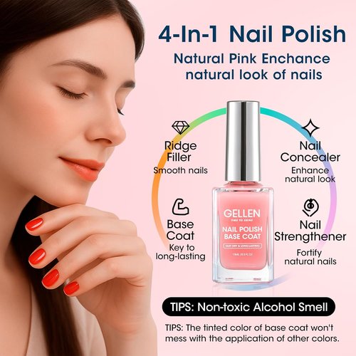 GELLEN Clear Nail Polish Base Coat - Sheer Tinted Pink Formula | Strengthens Nails & Enhances Natural Look