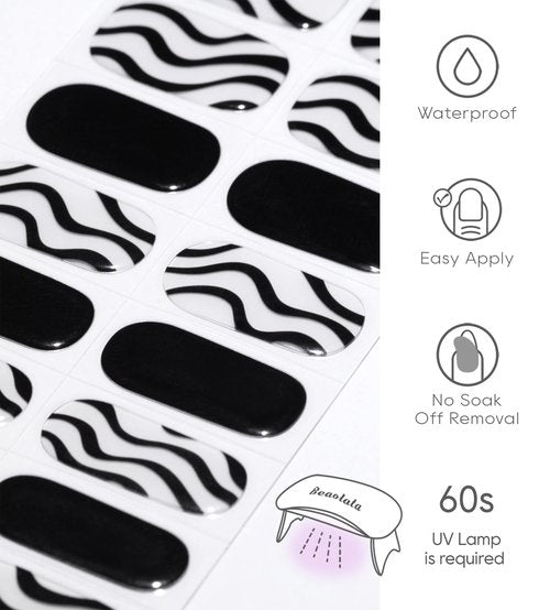 Beaolata Semi Cured Gel Nail Strips - Gel Nail Stickers with uv Light - Nail Polish Strips - 20 Gel Nail Wraps - Gel Nail Strips - Long Lasting Salon Quality (Off Boardway Black)