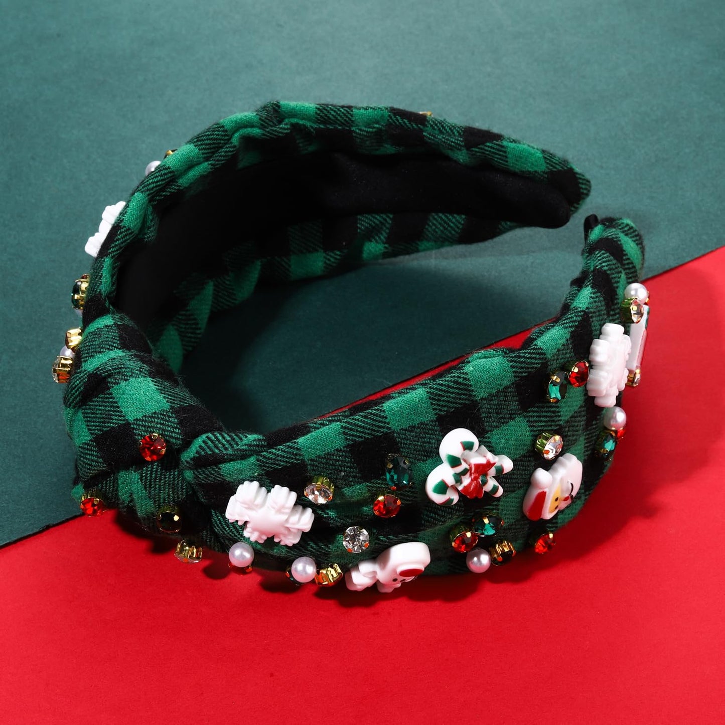 Christmas Holiday Headband for Women Christmas Accessories Cute Reindeer Snowflake Candy Cane Knotted Headband Red Green Beaded Rhinestone Pearl Wide Top Knot Headband Xmas Plaid Hairband Gifts