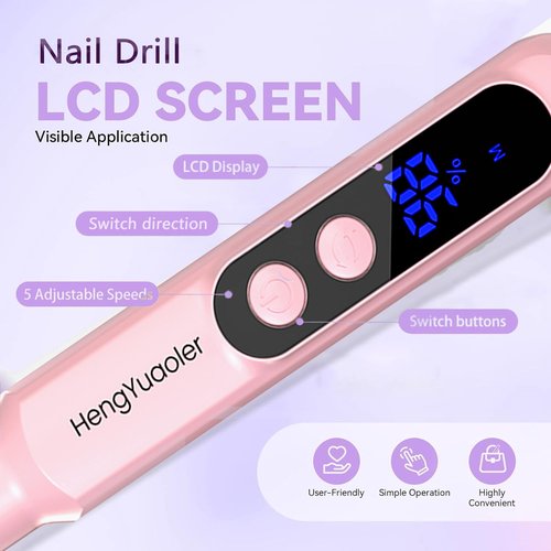 HengYuaoler Cordless Electric Nail Drill Professional 3 Speeds Nail Drill Kit for Acrylic Gel Dip, USB Portable Rechargeable 20000 RPM Efile Manicure Pedicure Polishing Shape Tools(Pink)