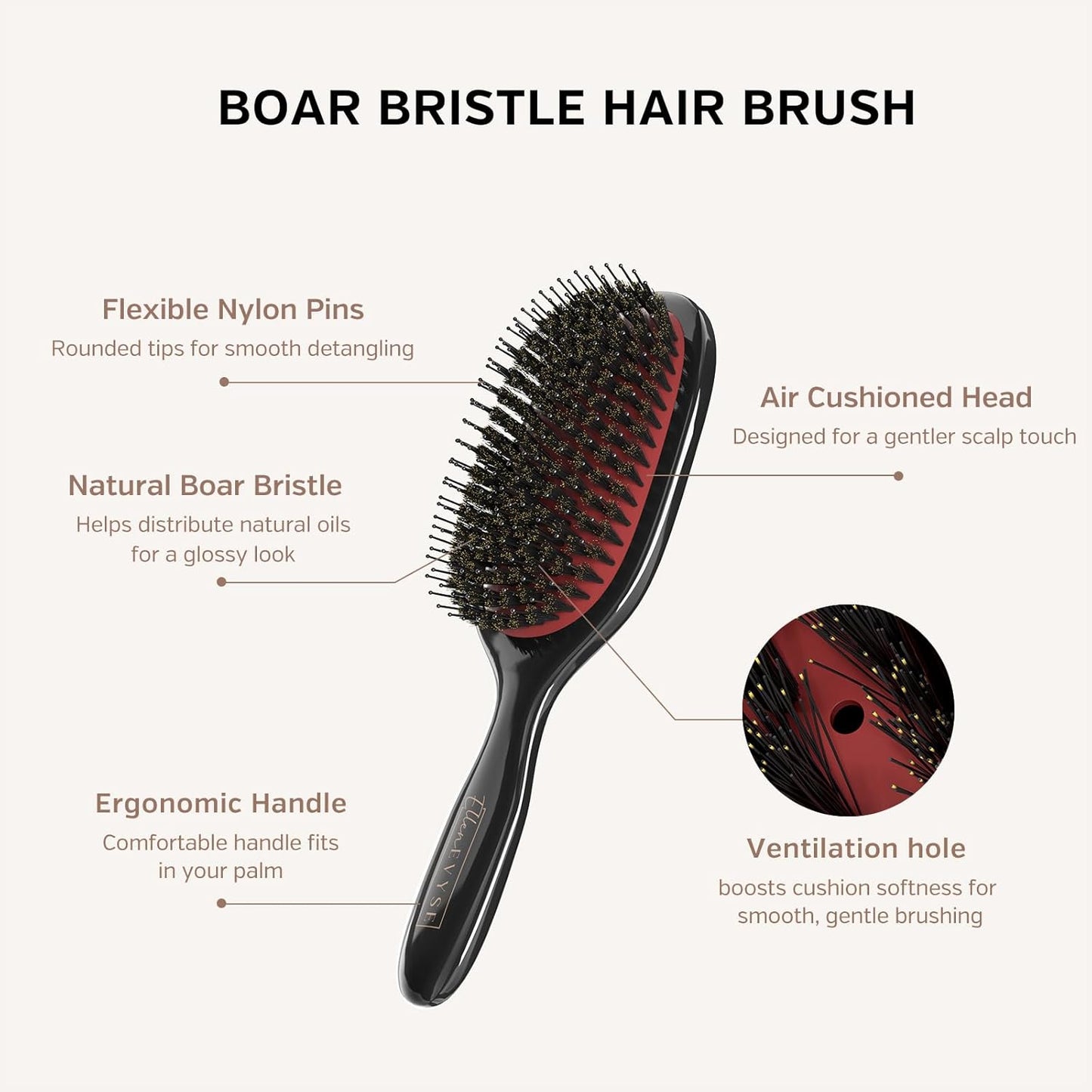 Boar Bristle Hair Brush by [Brand Name] - Smoothing & Detangling with Nylon Pins | Reduces Breakage & Enhances Shine