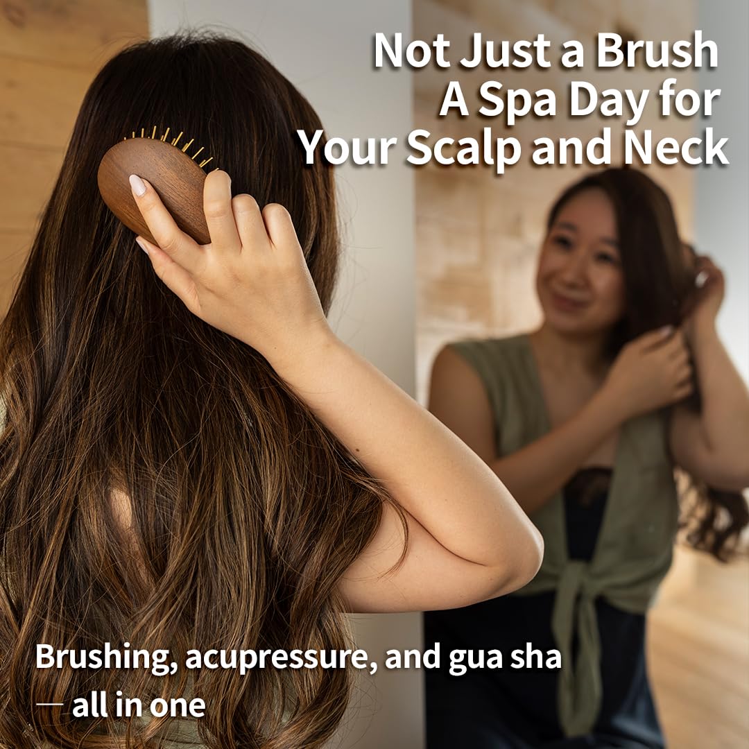 Uffy Acubrusher - 24K Gold-Plated Gua Sha Hair Brush | Ergonomic Scalp Massager for Hair Growth & Dandruff - Beech Wood Design