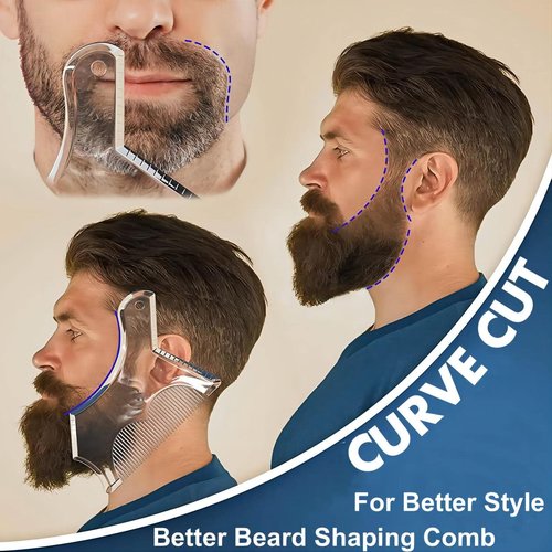 4PCS Men's Beard Shaping Tool Template, Beard Guide Shaper with Inbuilt Comb, Multi-liner Edges Shave for Curve/Straight/Neckline/Goatee/Sideburns (Clear-4pcs)