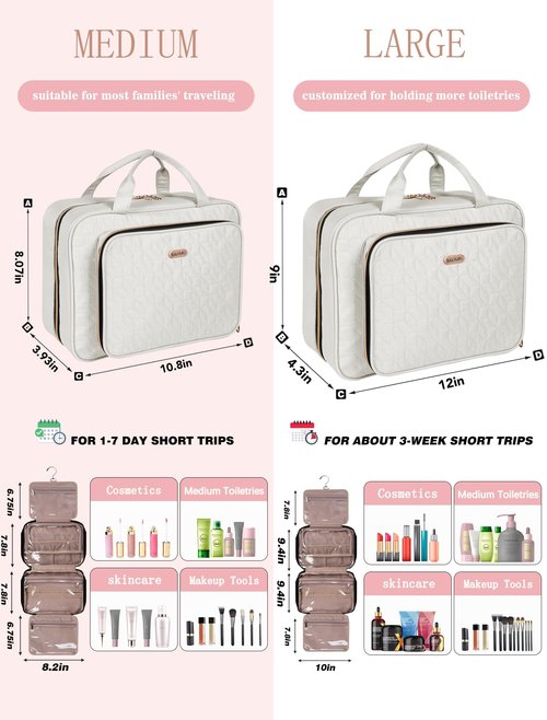 BALULHG Travel Toiletry Bag for Women Large Capacity with Hook - Portable Cosmetic Case,Hanging Makeup Bag for Full Sized ToiletriesTravel Essentials for Business Trips and Camping Beige