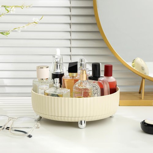 Anyoifax Makeup Perfume Organizer Tray 360 Degree Rotating Lazy Susan Skincare Lotion Organizer Spinning Cosmetics Storage for Dresser, Vanity, Bathroom Countertop, Small Beige