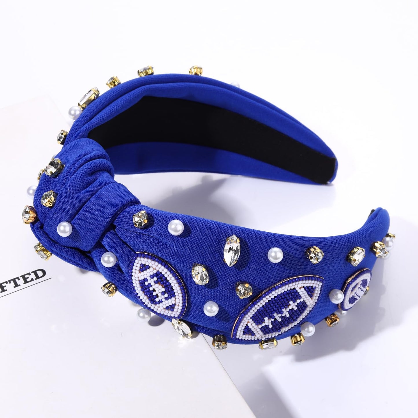 YAHPERN Knotted Headband with Crystals and Pearls for Women - Wide Jeweled Top Knot Headband for Sports, Baseball, and Fan Gifts (Football White&Blue)