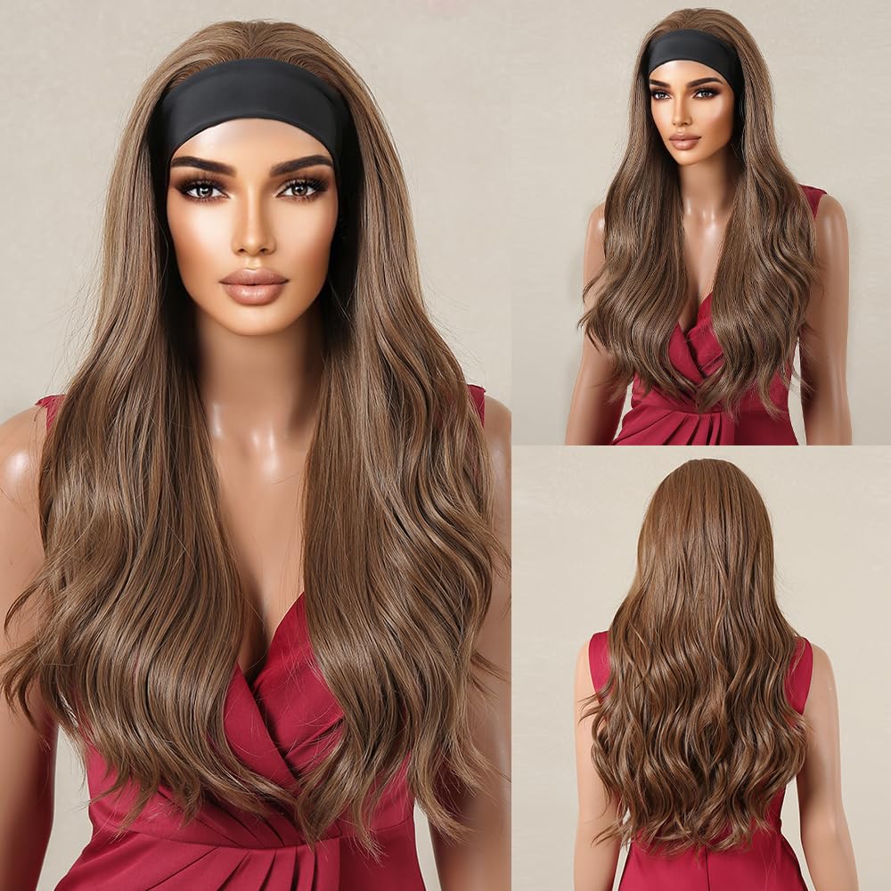 testar Headband Wig Body Wave Brown Wigs for Women Long Loose Wave Wavy Honey Brown Wigs Synthetic Wig Cosplay Hair Headband Wig