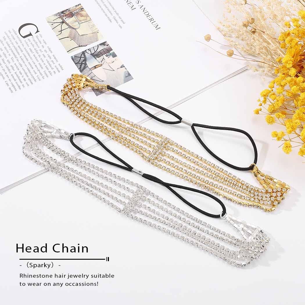 JEAIRTS Rhinestone Head Chain Forehead Bridal Headband Elastic Crystal Hair Band Halloween Prom Hair Jewelry for Women and Girls (2-Gold)