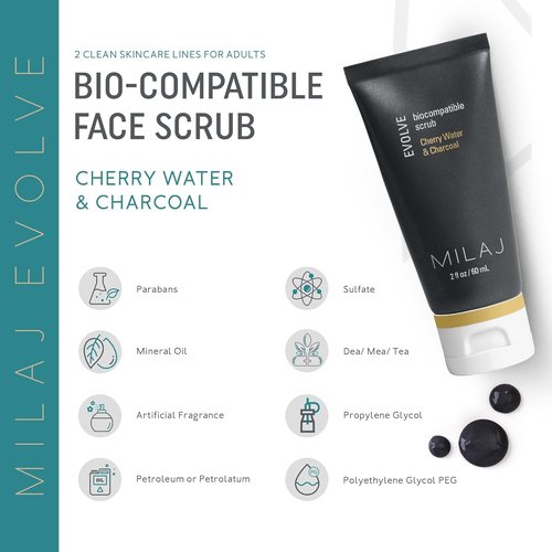 MILAJ Evolve Biocompatible Face Scrub - Charcoal & Cherry Water Exfoliator for Pore Cleansing | 2fl oz