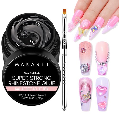 Makartt Rhinestone Glue for Nails, 15ml Clear Nail Gem Adhesive with Brush Kit for 3D DIY Decorations, Super Strong Bling Gel for Jewelry Diamonds