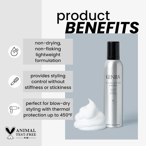 Kenra Volume Mousse Extra - Lightweight Styling Foam for Full Body & Shine | 8 Oz