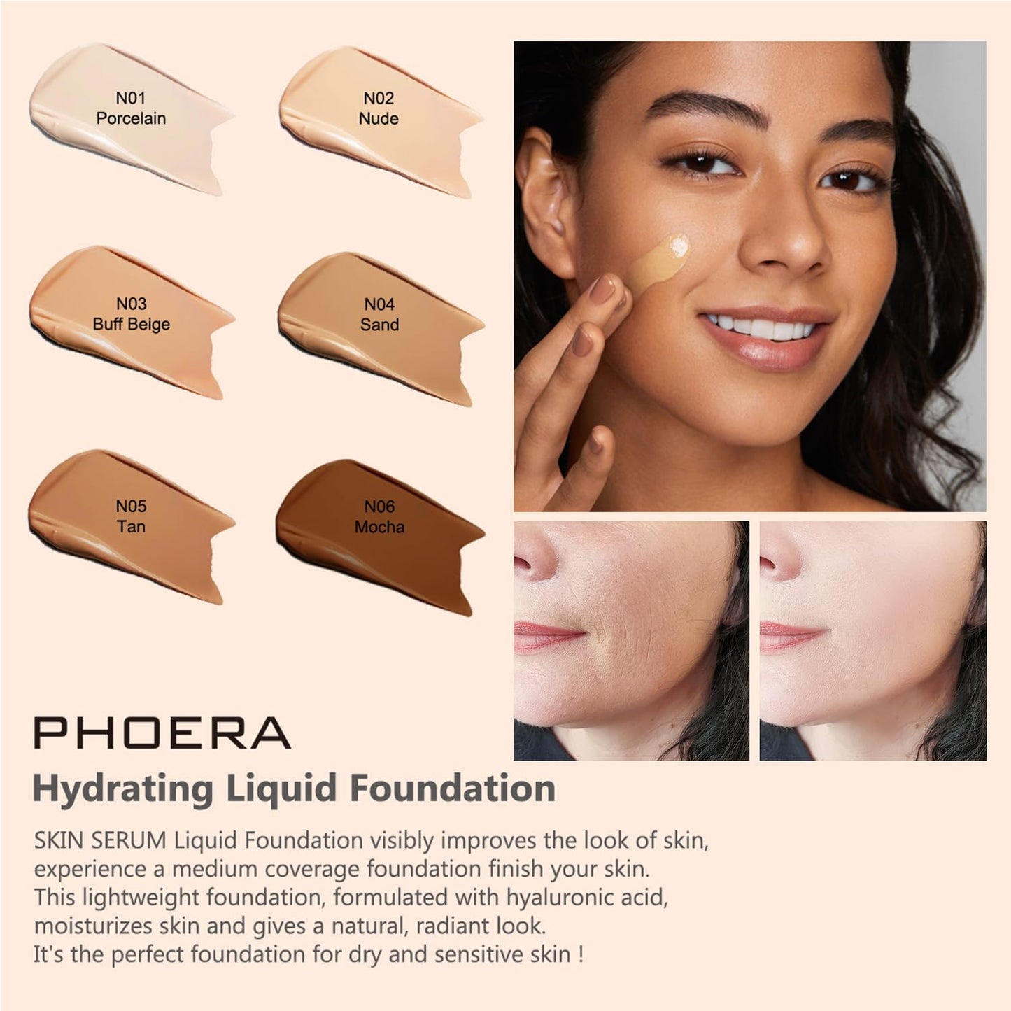 PHOERA Foundation Full Coverage,and Medium Coverage 2024 New PHOERA Foundation Makeup for Mature Skin, Wrinkles Matte Natural Finish for a Flawless Complexion (105+N04/ Sand+ Buff Beige)