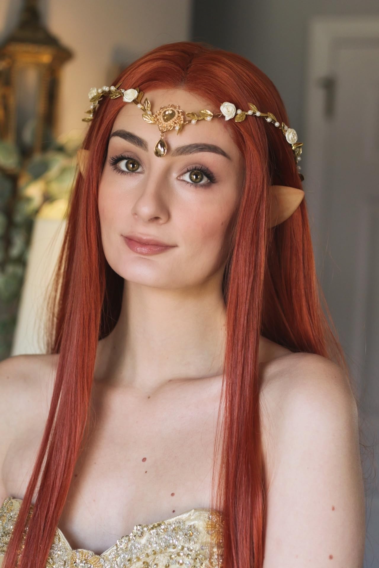 MOSTORY Handmade Gold Fairy Crown Elf Flower Headband Elven Circlet Floral Headpiece for Women Girls Renaissance Fair Halloween Cosplay Photo Shoot