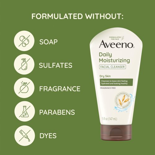 Aveeno Daily Moisturizing Facial Cleanser for Dry Skin, Hydrating Acne Face Wash with Soothing Oat for soft & Supple Skin, Free of Parabens, Sulfates, Fragrance, Dyes & Soaps, 5 fl. oz, 3 Pack