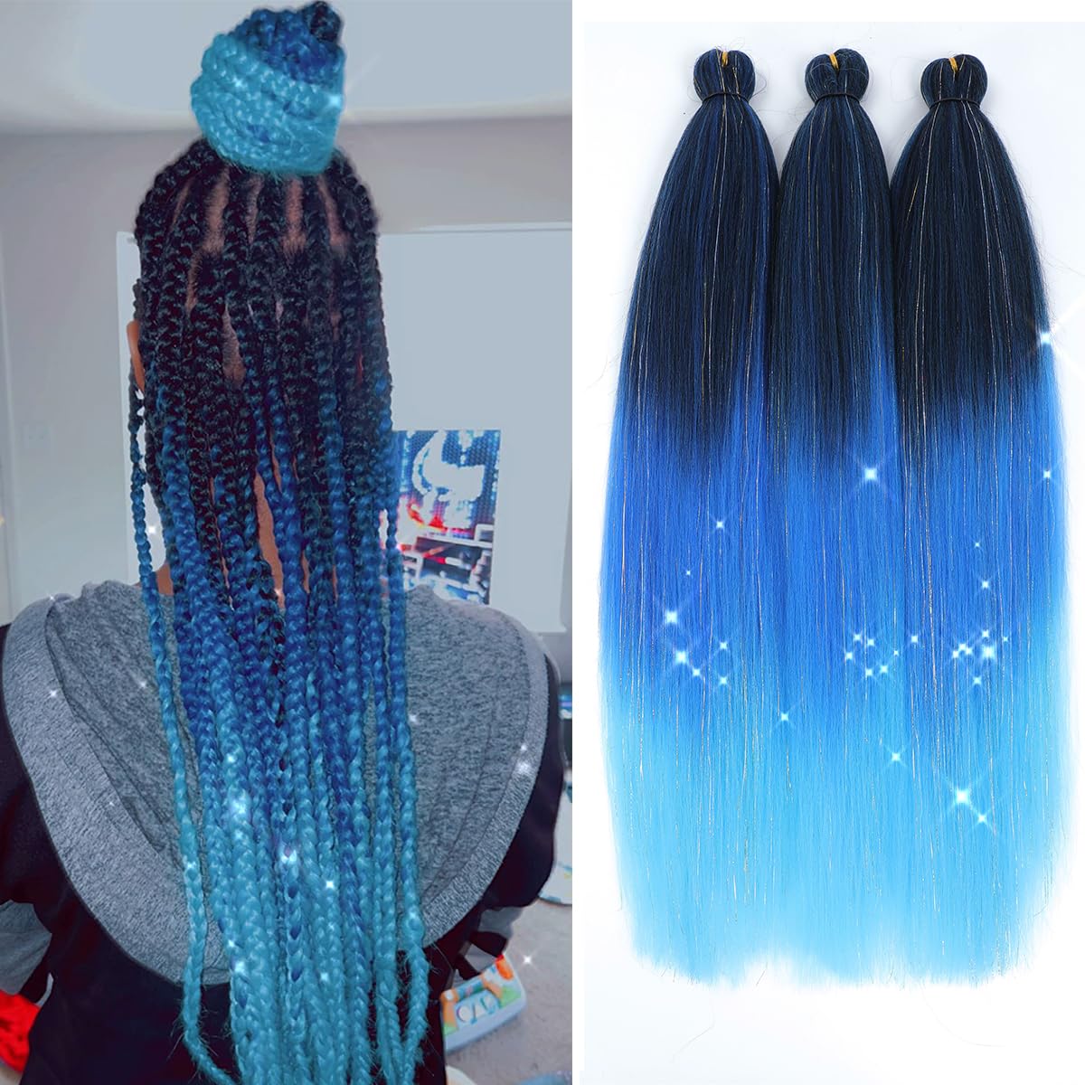 Easy Braid Pre stretched Braiding Hair 28 Inch 3 Packs Jumbo Braiding Hair Synthetic Braiding Hair Extension Twist Braid wigs Hot Water Setting Hair (Blue-Mixed Tinsel)