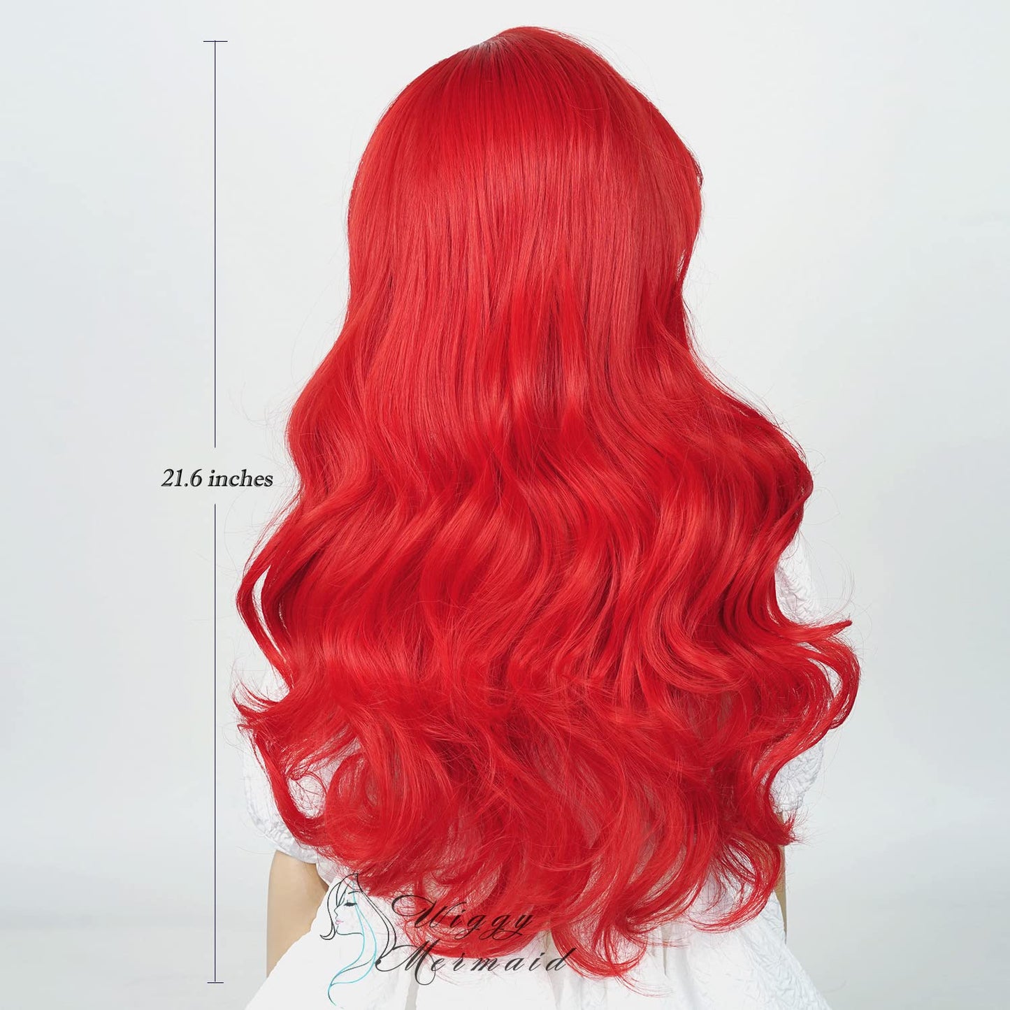 Wiggy Mermaid Wig + Starfish Hairpin Kids Red Long Curly Wavy Cosplay Wigs with Bangs Halloween Party Costume Heat Resistant Wig + Wig Cap