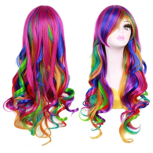 BERON 27.5" Women Girl's Long Curly Wavy Rainbow Wig for Halloween Anime Cosplay(Multi-color)