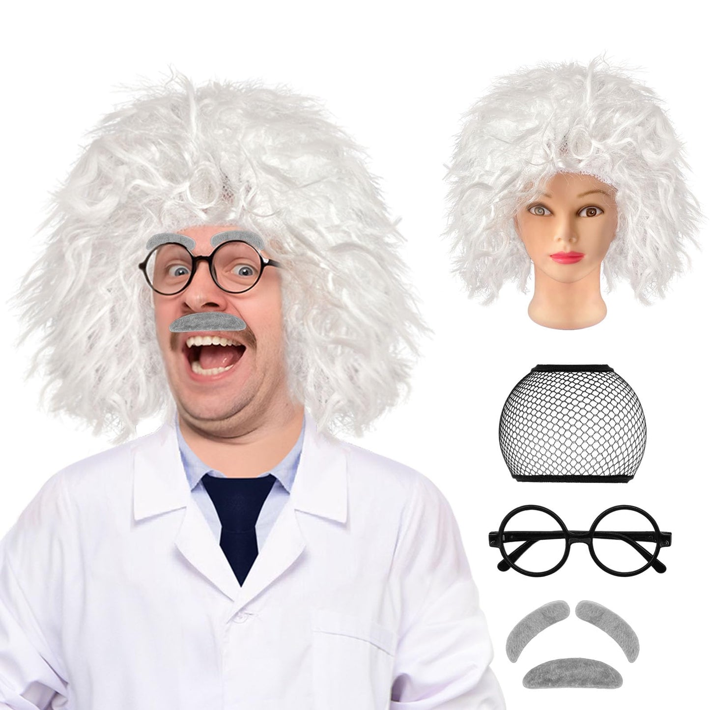 XonyiCos 4 PCS Old Man Mad Scientist Wig Set,100th Day of School Wig Einstein Costume with Physicist Wig Costume for Halloween Anime Party Cosplay Costume