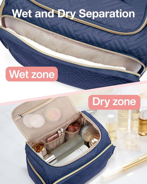 BAGSMART Travel Toiletry Bag, Large Wide-open Travel Bag for Toiletries, Makeup Cosmetic Travel Bag with Handle, Navy-Large