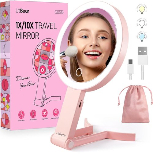 LitBear Travel Makeup Mirror - Rechargeable Double-Sided 10X/1X Magnifying Mirror | Portable Lighted Beauty Mirror with Dimmable Touch Screen (Pink)