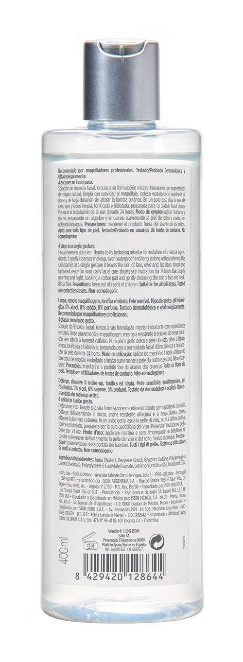 ISDIN Micellar 4-in-1 Facial Cleansing Water Solution - Hydrating and Cleansing Toner and Makeup Remover for Sensitive Skin, 13.5 FL OZ