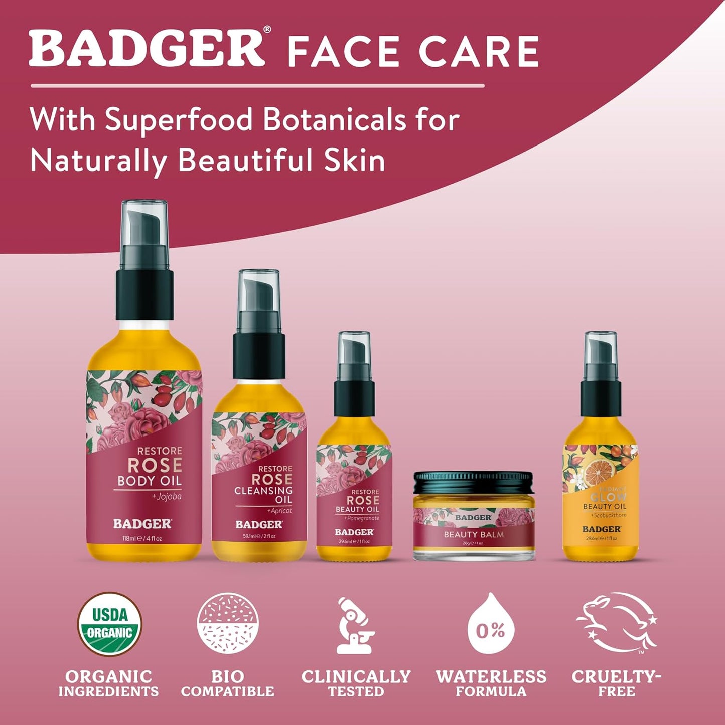 Badger Rose Body Oil - 100% Organic Rose Scented Moisturizer for Dry Skin | 4 fl oz Glass Bottle