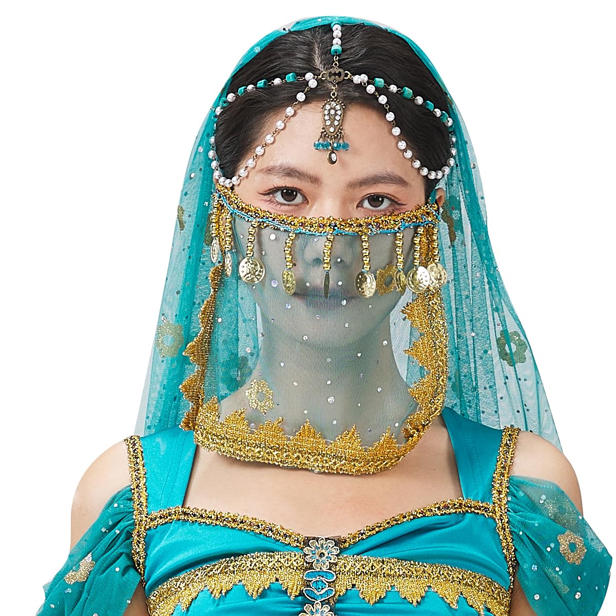 Women Belly Dance Tribal Face Veil with Sequins Beads Coins Halloween Costume Accessory(Square)