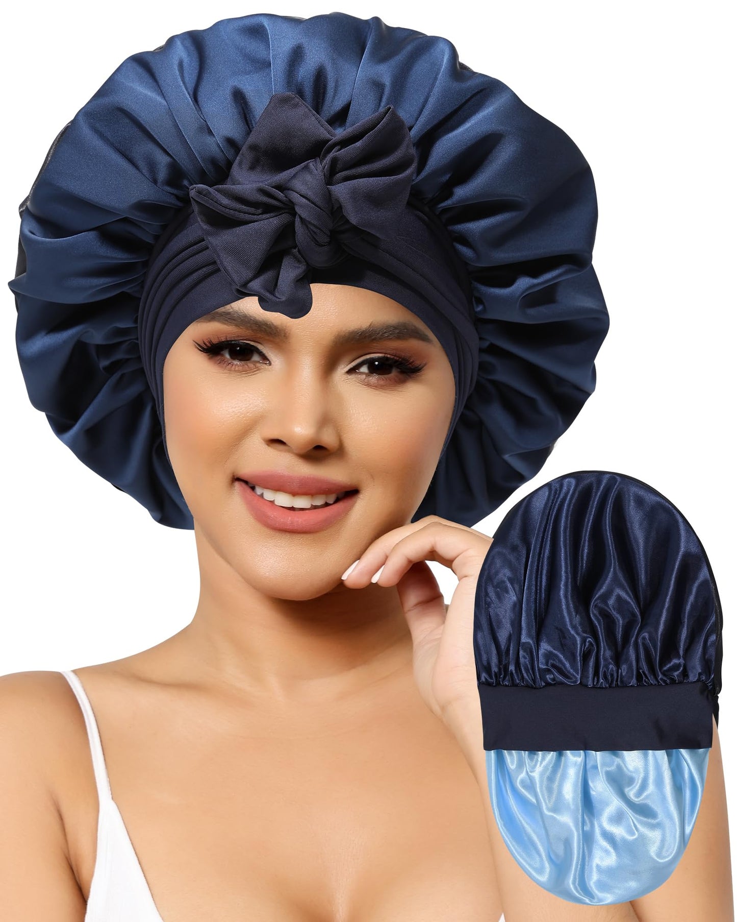 Satin Bonnet for Women Silk Bonnets for Sleeping Curly Hair Bonnet with Elastic Tie Band Reversible Double Layer Sleep Cap Hair Wrap (Navy Blue+Light Blue)
