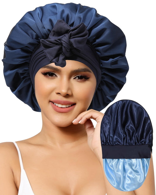 Satin Bonnet for Women Silk Bonnets for Sleeping Curly Hair Bonnet with Elastic Tie Band Reversible Double Layer Sleep Cap Hair Wrap (Navy Blue+Light Blue)