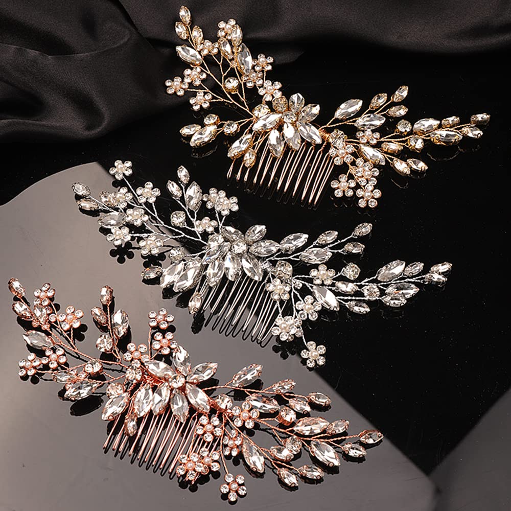 Teyglen Rhinestone Flower Bride Wedding Hair Comb Headband Crystal Hair Pieces Headpieces with Rhinestones Hair Accessories Handmade Bridal Side Hair Combs for Women Bride Girls (Silver)