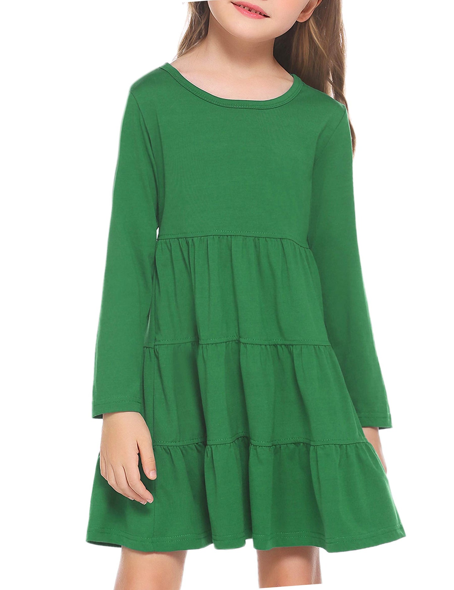 Arshiner Girls' Super Soft Cotton Long Sleeve Tiered Dress, Green, 120(Age for 5-6Y)