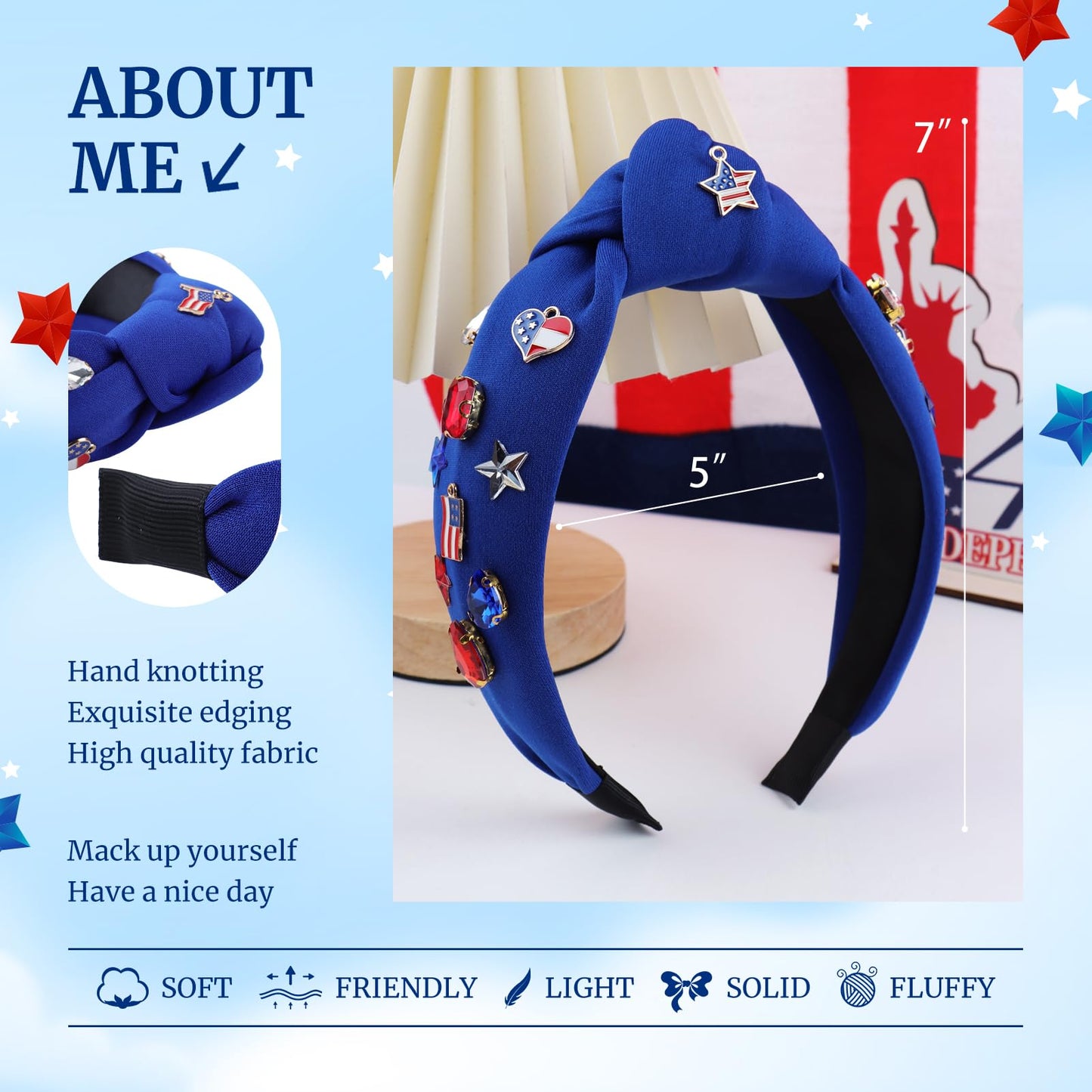 YanJie Patriotic Knot Headbands for Women 4th July Embellished Headbands Independence Day Gem Headband Beaded American Flag Hair Accessories Girls Gifts Blue