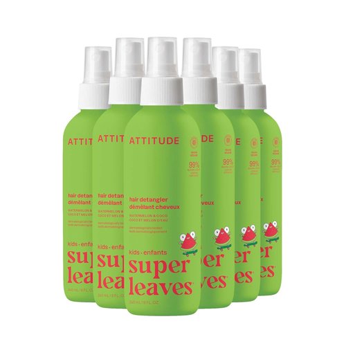 ATTITUDE Rinse-Free Hair Detangler Spray for Kids - EWG Verified, Vegan, Watermelon & Coco, 8 Fl Oz (Pack of 6)