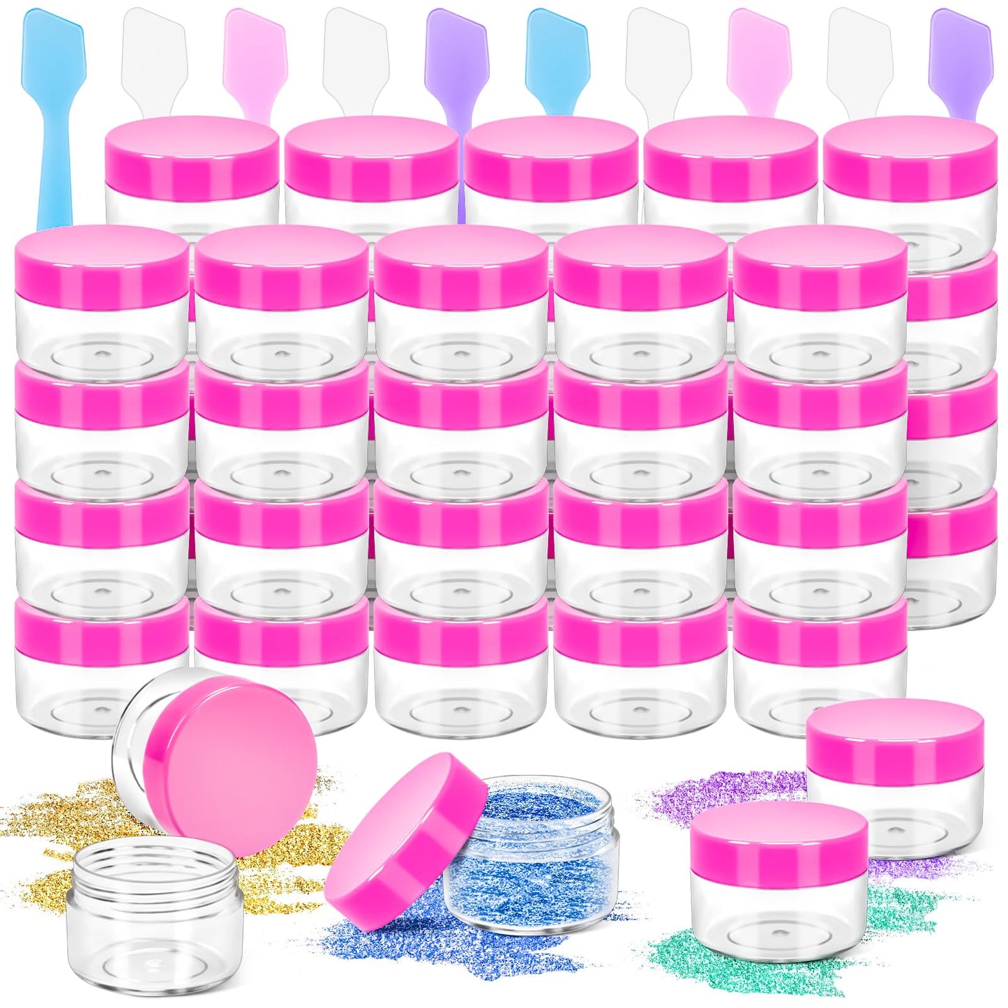MotBach 40Pack 15g Small Plastic Cosmetic Containers with Lids, 15gram Plastic Makeup Containers Jars with Spatulas, 15ml Sample Jars Travel Size Containers for Toiletries Lip Balm Cream Slime Lotion